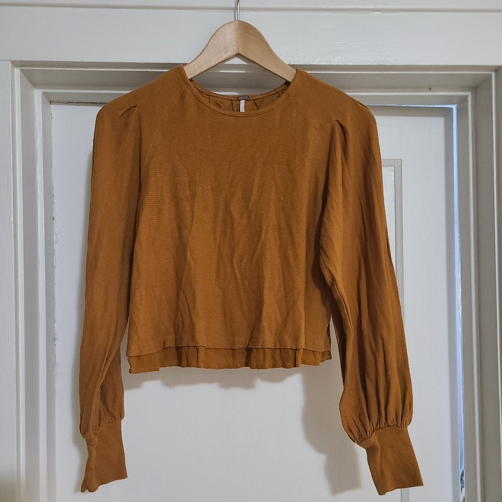 Free People Billie Ribbed Balloon Sleeve Cropped Top Womens Size XS